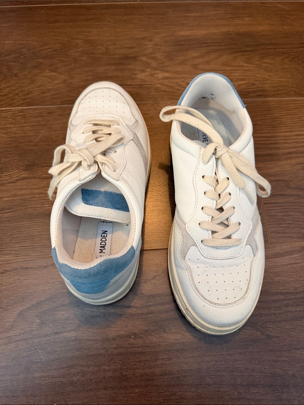 Steve Madden Cream Leather Sneakers with Light Blue Heel